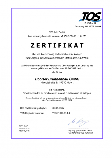 Hoorter Brunnenbau Zertifikat Fachbetrieb für Anlagen